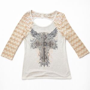 Angels & Diamonds Cross Rhinestone Lace Sleeve Top XL Boho Western Glam